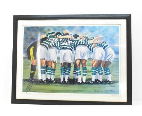 CELTIC RANGERS; a large limited edition print numbered 1154 after Jim Scullion, depicting the 1998 team huddled together, ove
