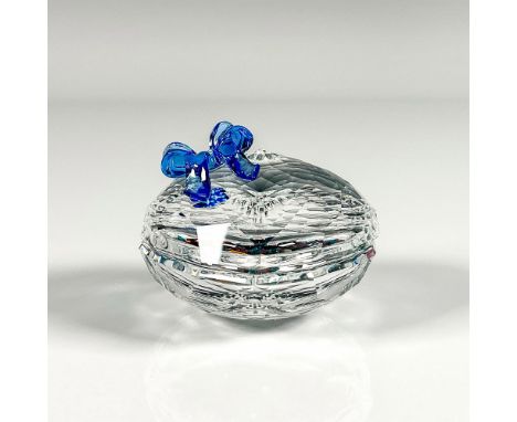 Clear faceted crystal lidded treasure box with blue bow. Swarovski mark. This item has its original box: 3.75""L x 3.75""W x 