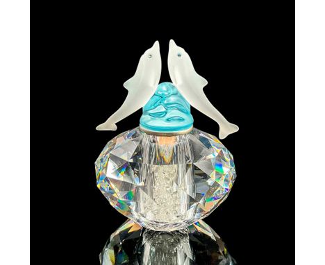 Faceted clear crystal round bottle with blue satin crystal stopper, two satin dolphins on either side of the stopper top. Inc