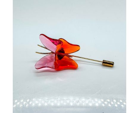 Pink and orange crystal butterfly on sterling silver gold plated stick pin. A clear rhinestone decorates then end of the stic