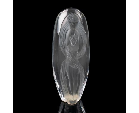 Elegant frosted and clear vessel depicting a woman holding a flame. Lalique France etched backstamp. This item has its origin