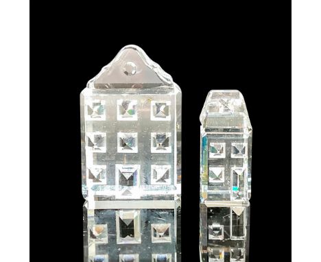 Lead crystal set of 2, part of the Silver Crystal City collection. Swarovski etched backstamp. Largest house measures: 1.75"L