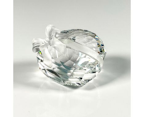 Clear faceted crystal paperweight with frosted diagonal ribbon and bow. Swarovski mark. This item has its original box: 3.75"