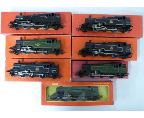 Seven Tri-ang and Tri-ang Hornby 00 gauge model railway tank locomotives including Class 3, 3MT etc, all in boxes.&nbsp;