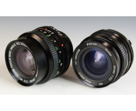 Two Vivitar SLR camera lenses comprising 24mm 1:2.0 and 28mm 1:2.0, both with Minolta mounts