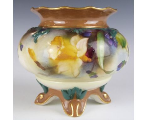 James Hadley for Royal Worcester footed vase decorated with flowers, shape 212, H8cm&nbsp;
