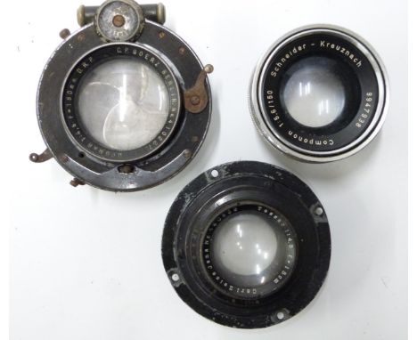 Three camera or similar lenses comprising Schneider Kreuznach 1:5.6/150 Componon, Zeiss Tessar 1:4.5 f=15cm and Goerz Dogmar 