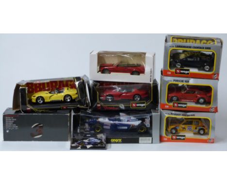 Nine Burago, Minichamps, Onyx and similar diecast model vehicles including Paul's Auto Art F1, BMW, Dodge Viper, Lamborghini 