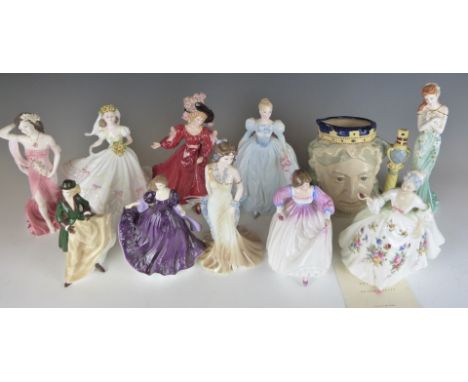 Ten Royal Worcester, Coalport and Royal Doulton figurines including Ashley, Patricia, Diana, Lily, Emerald and Ruby, tallest 