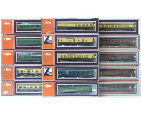 Fifteen Lima 00 gauge model railway passenger coaches including BR, GWR, SR etc, all in original boxes.&nbsp;