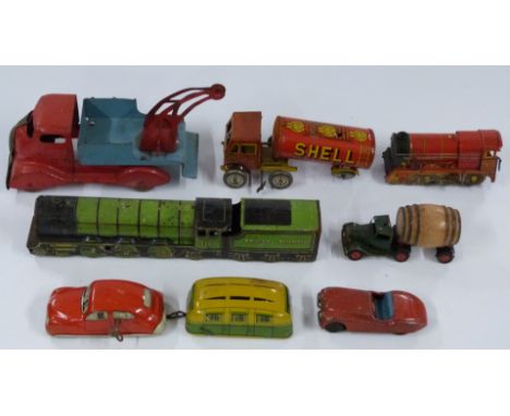 Eight Brimtoy, Mettoy, Scalex, Tri-ang Minic and similar clockwork tinplate vehicles including trains, Watney's Barrel Lorry,
