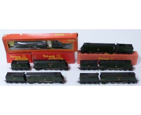 Six Tri-ang, Hornby and similar 00 gauge model railway BR Bulleid Pacific locomotives, some in original boxes.&nbsp;