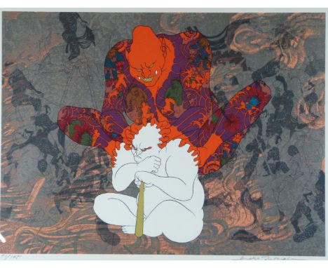 Hideo Takeda (Japanese b1948) signed limited edition 83/185 Japanese print 'Death of Taira Kiyomori', 41 x 55cm