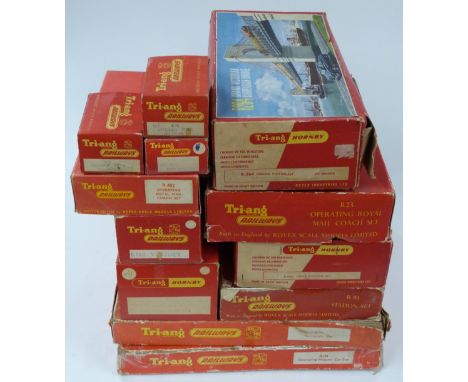 A collection of Tri-ang 00 gauge model railway buildings and accessories including Operating Hopper Car Set, Operating Royal 