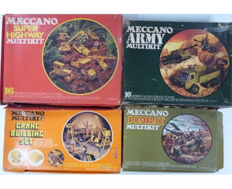Four Meccano Multikit sets comprising crane, super highway, combat and army, together with a quantity of further loose Meccan