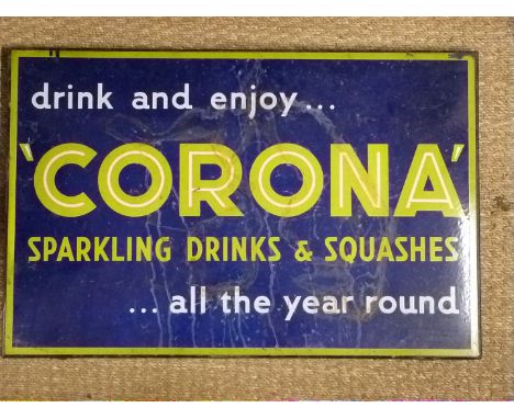 Corona vintage&nbsp;enamel advertising sign 'Drink and enjoy Corona sparkling drinks and squashes all year round', 39 x 74cm&