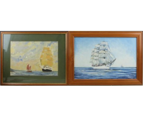 Five maritime pictures comprising R Pearce acrylic on board sailing ship (30 x 45cm), P Shipsides maritime watercolour sailin