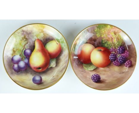 Two&nbsp;Royal Worcester painted fruit pin dishes, one signed H Ayrton (1934) the other B Cox, diameter 9cm