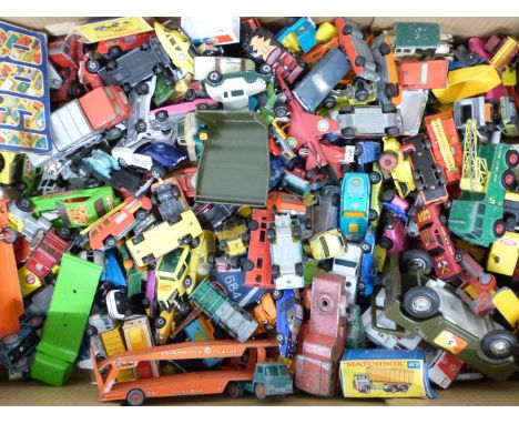 A collection of Matchbox diecast model vehicles including Thunderbirds, cars, construction vehicles etc, some in original box