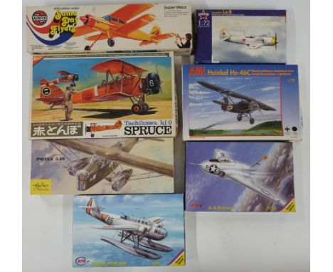 Seven plastic model aeroplane kits including Airfix Same Day Flyers, Heller, MPM, Nichimo etc, all in original boxes.&nbsp;
