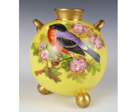 Royal Worcester porcelain twin handled vase with bird decoration, raised on ball feet, H8.5cm