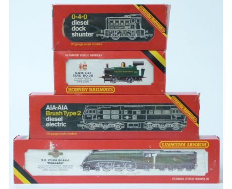Four Hornby 00 gauge model railway locomotives BR 4-6-2 Class A4 Mallard R.350, BR A-I-A diesel D5572 R.357, GWR 0-4-0 Tank 1