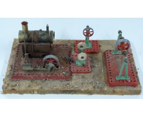 Mamod SE2 live steam engine on base together with line shaft, power press and buffing wheel accessories
