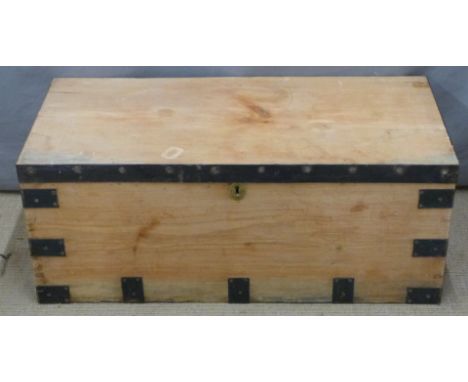 Metal bound pine trunk, W92 x D42 x H37cm