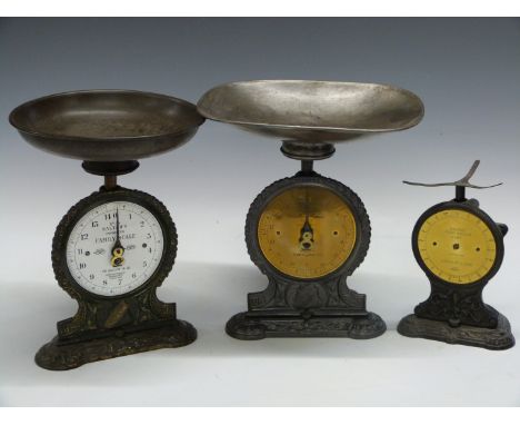 Three sets of Salter scales comprising two No 45 14lb Salter's Improved Family Scale together with a No 47 1 kilogram spring 