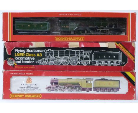 Three Hornby 00 gauge model railway LNER Class A3 Flying Scotsman locomotives, R.398, all in original boxes.&nbsp;