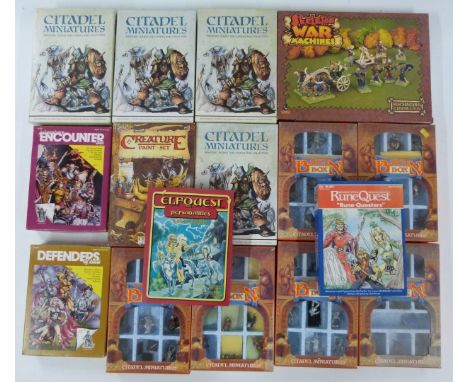 A collection of metal miniatures for fantasy role-playing games including Rune Quest, Adventure Encounter and Citadel Miniatu