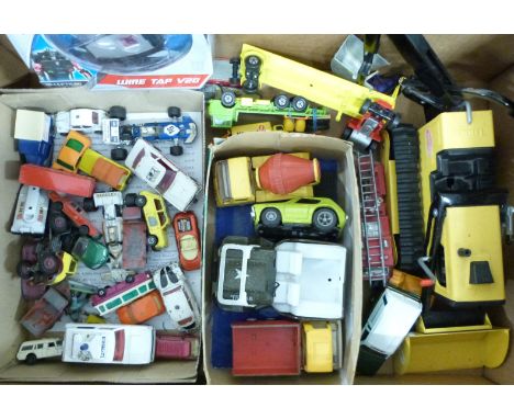 Thirty-seven Corgi, Tonka and Matchbox diecast and tinplate model vehicles including a Tonka T6 tracked digger, U.S. Army Jee