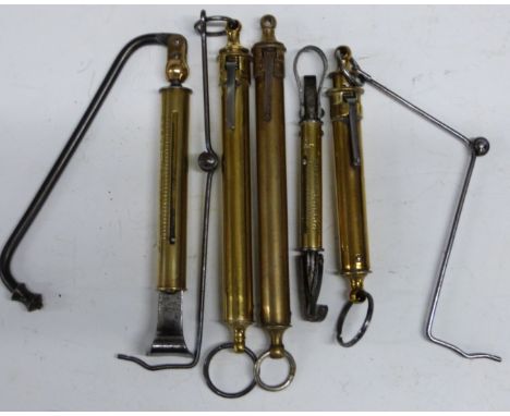 Five Salter spring balances comprising three ratcheting examples, one with ministry broad arrow mark and a small 20lb example