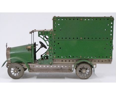 Meccano or Butcher &amp; Sons Primus model of a lorry made using green and unpainted parts, 38cm long.&nbsp;