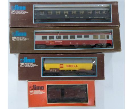 Four Lima 0 gauge model railway continental passenger coaches and rolling stock including Shell tanker, Gril Express and FS, 