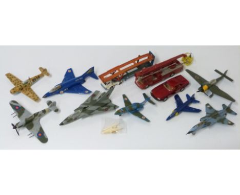 Eleven Corgi, Dinky and Husky diecast model vehicles including Phantom II jet, Hawker Hurricane Mk II C, Junkers JU 87 B, Sim