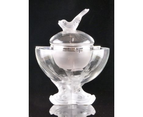 Lalique Igor frosted and clear glass caviar bowl with figural fish finial and feet, signed 'Lalique France', 26cm tall, 20cm 