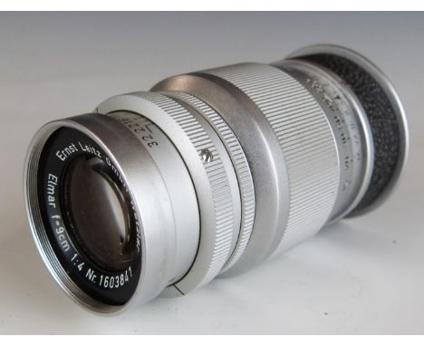 Leitz Elmar f=9cm 1:4 camera lens, serial number 1603841, with Leica type screw mount, in bubble case