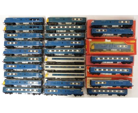Twenty-seven Tri-ang and Hornby 00 gauge model railway The Blue Pullman Power cars, Trailer cars and coaches, some in boxes.&