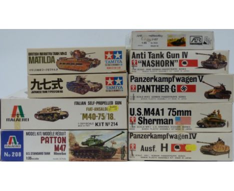 Nine 1:35 and 1:48 scale plastic model tank kits comprising two Italaeri, two Tamiya, four Bandai and one other, all in origi