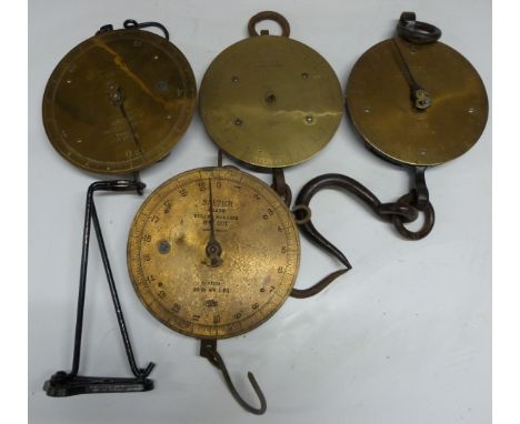 Four Salter spring balances with circular brass dials comprising 250lb, 80T 5lb on wall bracket, Class III 300lb and 80T 20lb
