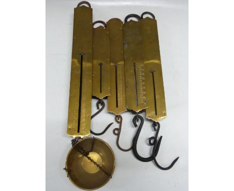 Five Salter spring balances comprising 16 oz with per gross scale and brass pan below, 1941 No2 military marked example, 244l