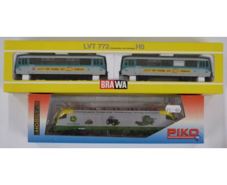 Brawa 00 gauge model railway Usedomer Bader Bahn two car set, 232, together with a Piko Bo-Bo electric locomotive, 57429, bot