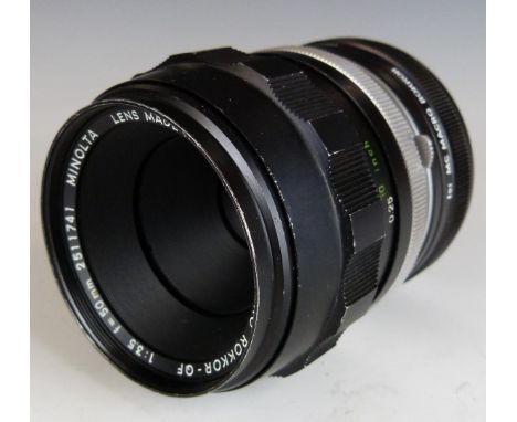 Minolta Macro Rokkor-QF 50mm 1:3.5 SLR camera lens, in case with two converters