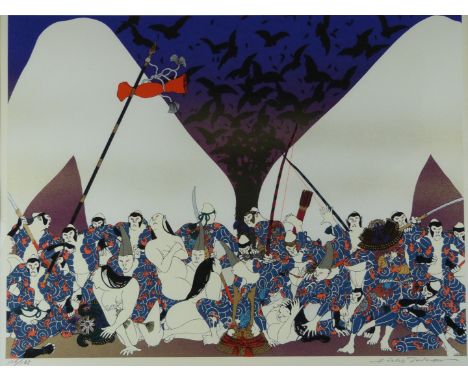 Hideo Takeda (Japanese b1948) signed limited edition 128/185 print of soldiers with naked women, 40 x 58cm
