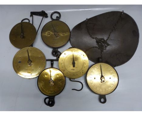 Six Salter spring balances with circular brass dials comprising Britool spring tester No 1078 200lb, No 23T 4lb with wall bra