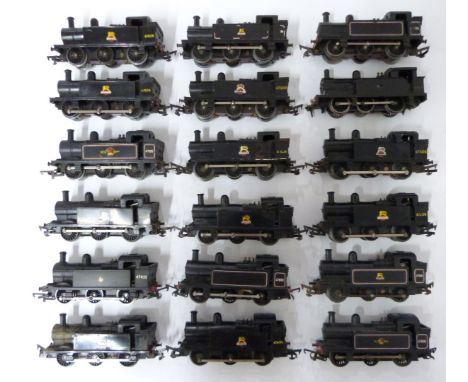 Eighteen Tri-ang, Hornby and similar 00 gauge model railway BR 0-6-0T tank locomotives.