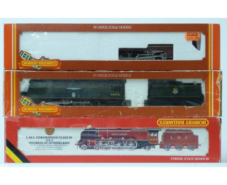Three Hornby 00 gauge model railway locomotives Duchess of Sutherland, King George VI R.767 and Battle of Britain Class 41 Sq