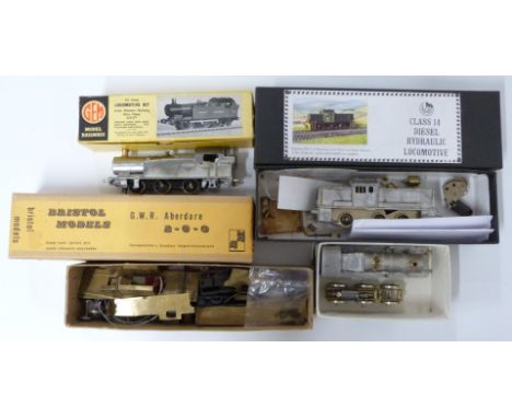 Four 00 gauge model railway locomotive kits comprising GEM GWR 0-6-2T, Bristol Models GWR 2-6-0 Abadare, Class 14 Diesel Hydr