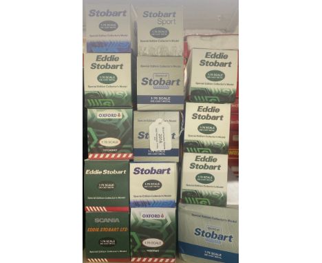 Fourteen Atlas Editions and Oxford Diecasts 1:76 scale diecast model Eddie Stobart vehicles including World of Stobart, Stoba